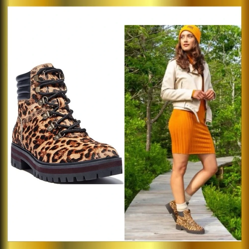Timberland London Square Cheetah Print Calf Hair Chunky Combat Boots.